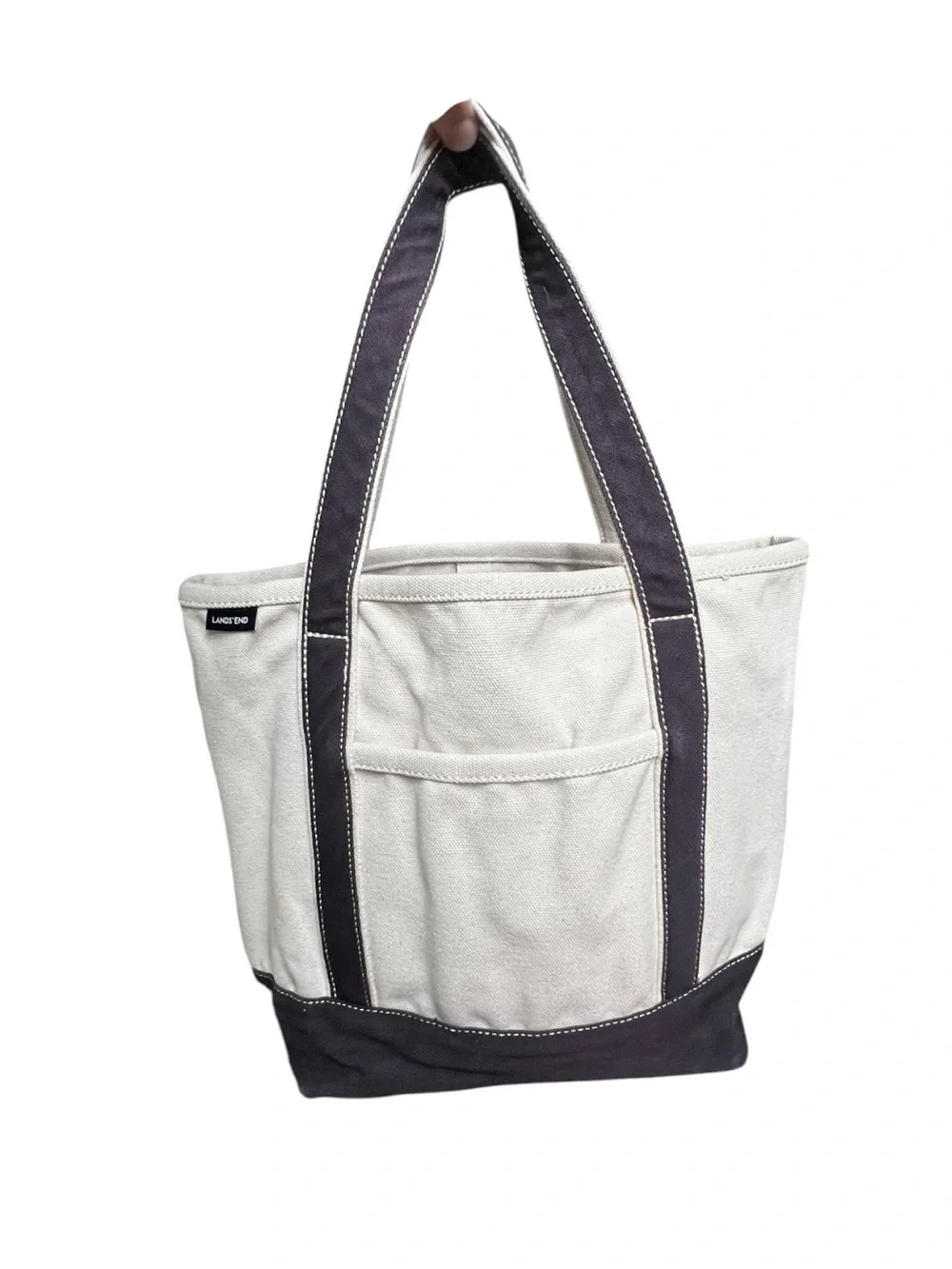 🌻Lands' End Medium Canvas Tote Bag Natural Navy Blue 5 Pocket Open Top Carryall